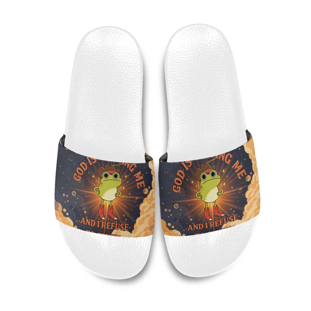 Grumpy Frog Slide Sandals with Refuse to Study Quote and Starburst Pattern