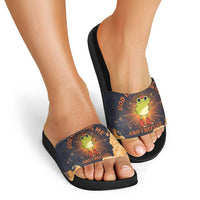 Grumpy Frog Slide Sandals with Refuse to Study Quote and Starburst Pattern