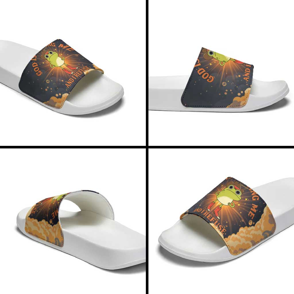 Grumpy Frog Slide Sandals with Refuse to Study Quote and Starburst Pattern