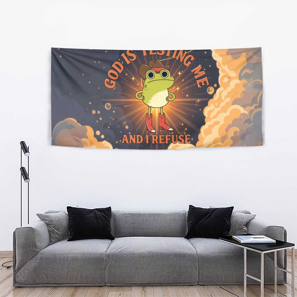 Grumpy Frog Tapestry with Refuse to Study Quote and Starburst Pattern