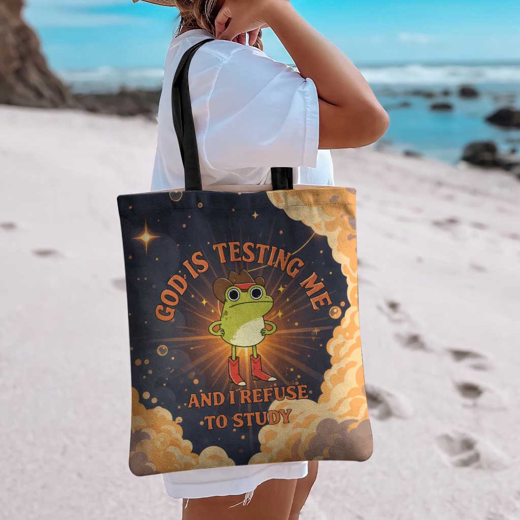 Grumpy Frog Tote Bag with Refuse to Study Quote and Starburst Pattern