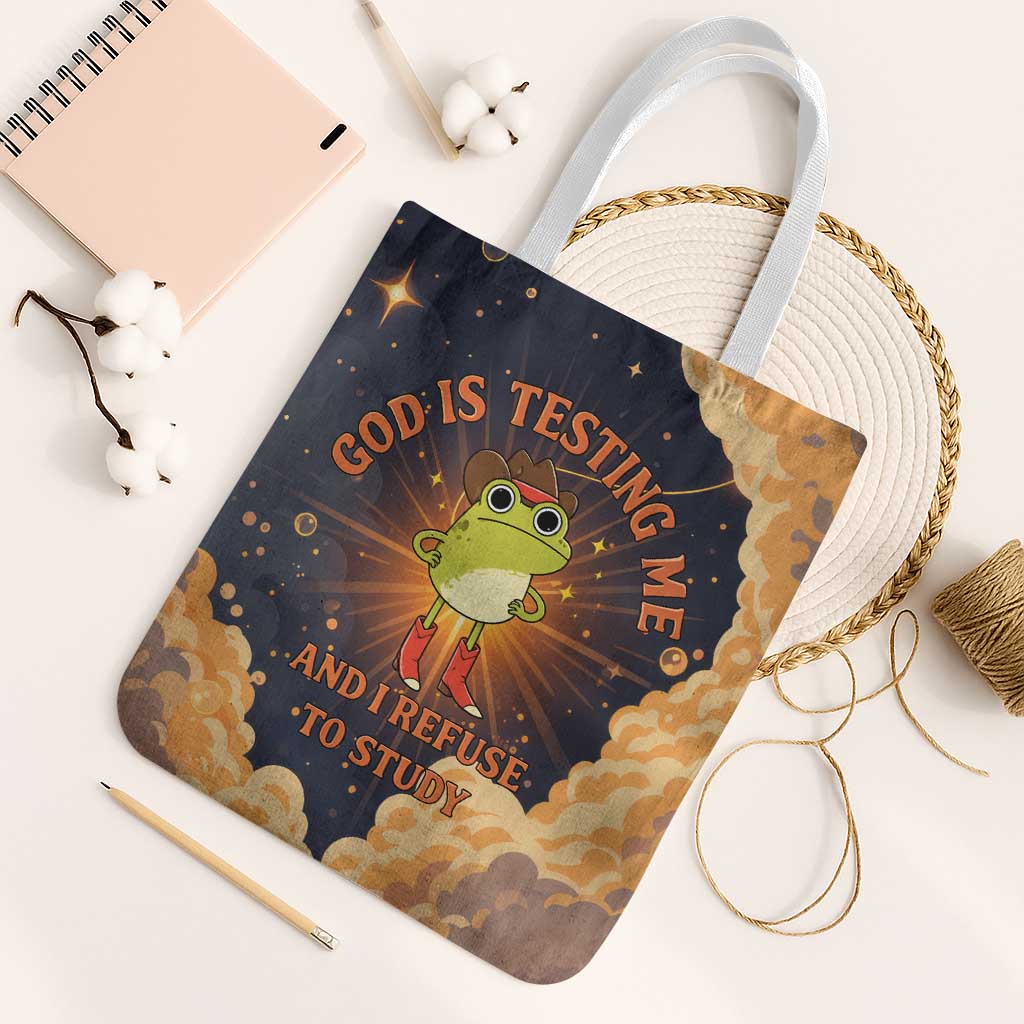 Grumpy Frog Tote Bag with Refuse to Study Quote and Starburst Pattern