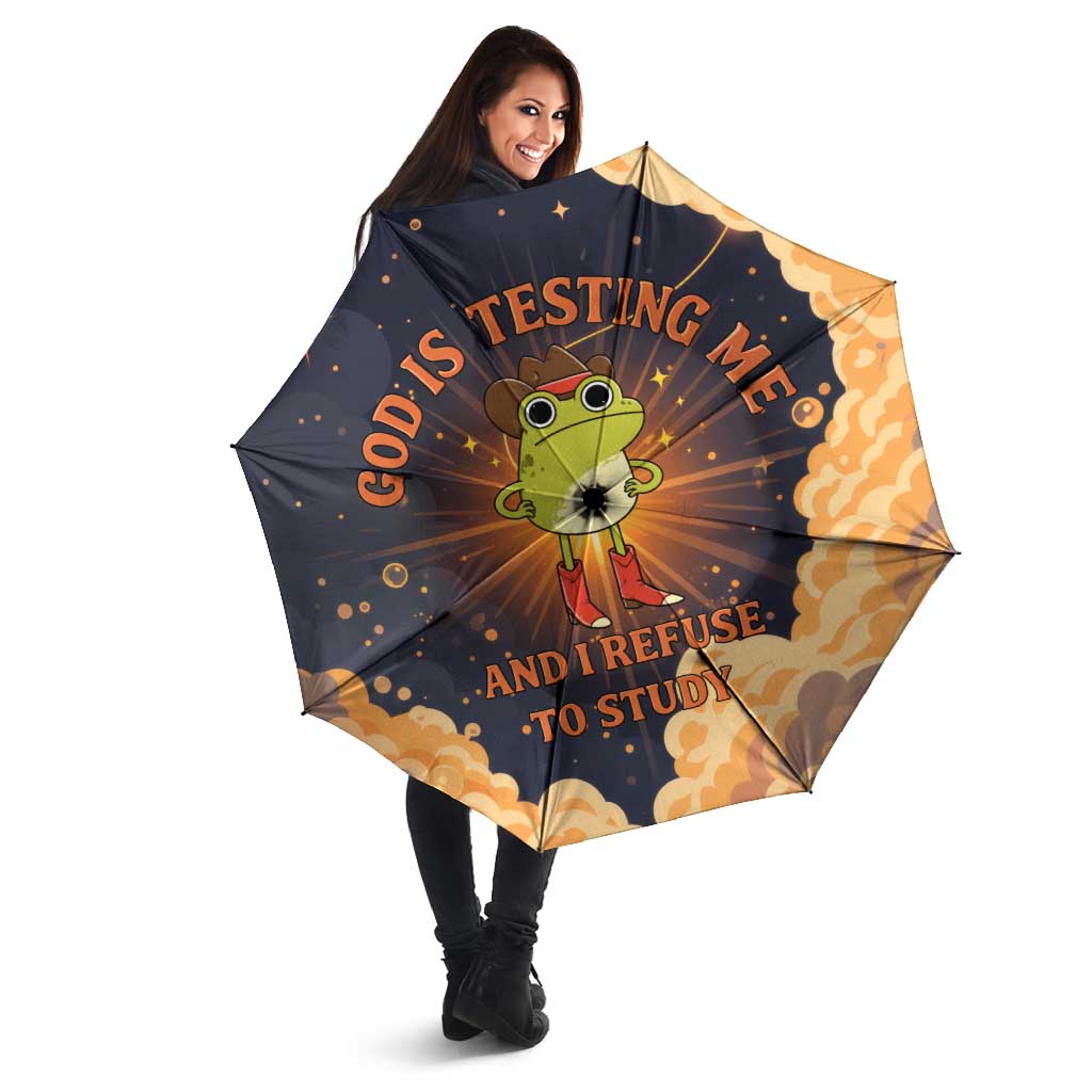 Grumpy Frog Umbrella with Refuse to Study Quote and Starburst Pattern