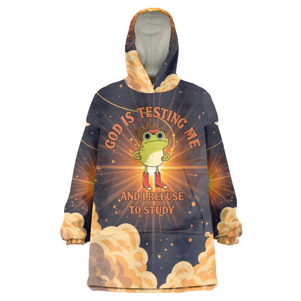 Grumpy Frog Wearable Blanket Hoodie with Refuse to Study Quote and Starburst Pattern