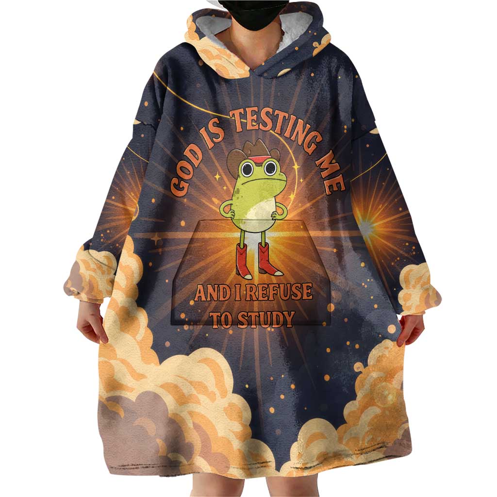 Grumpy Frog Wearable Blanket Hoodie with Refuse to Study Quote and Starburst Pattern