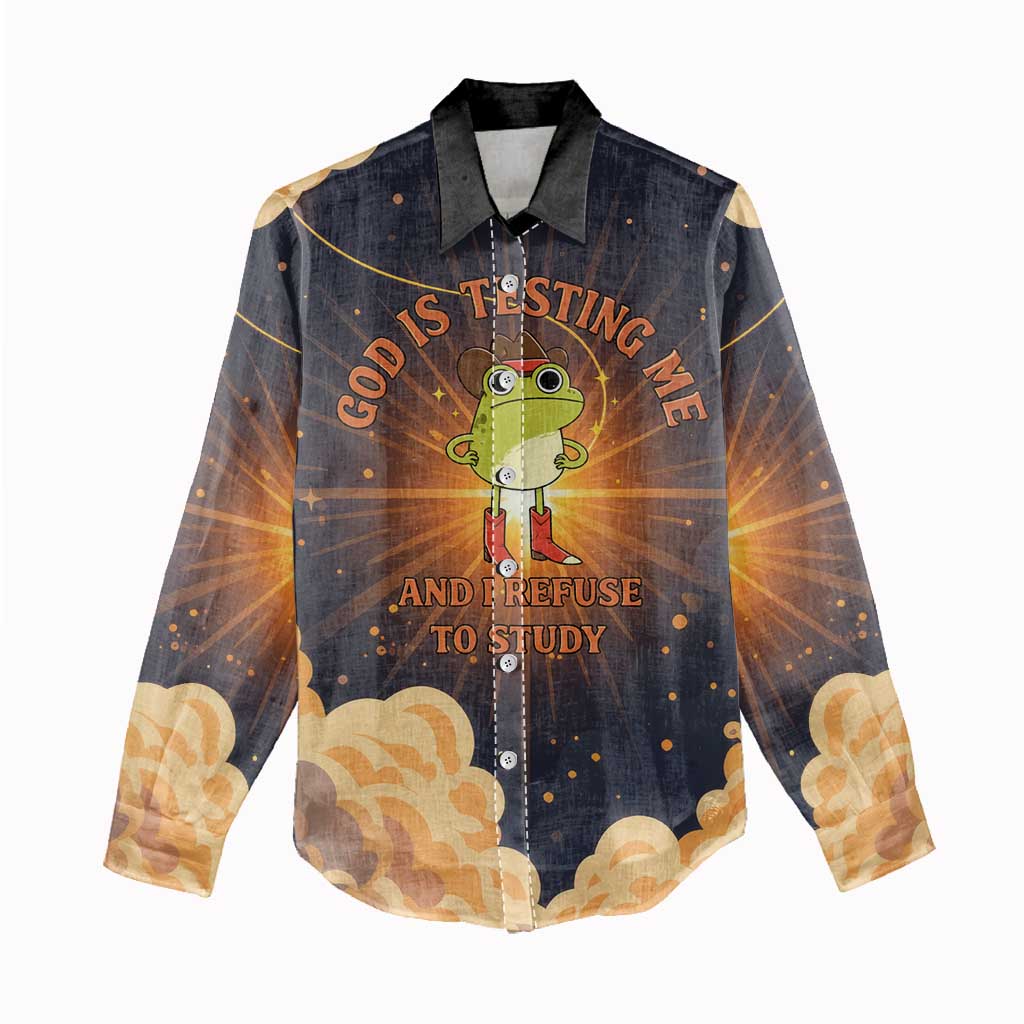 Grumpy Frog Women Casual Shirt with Refuse to Study Quote and Starburst Pattern