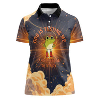Grumpy Frog Women Polo Shirt with Refuse to Study Quote and Starburst Pattern