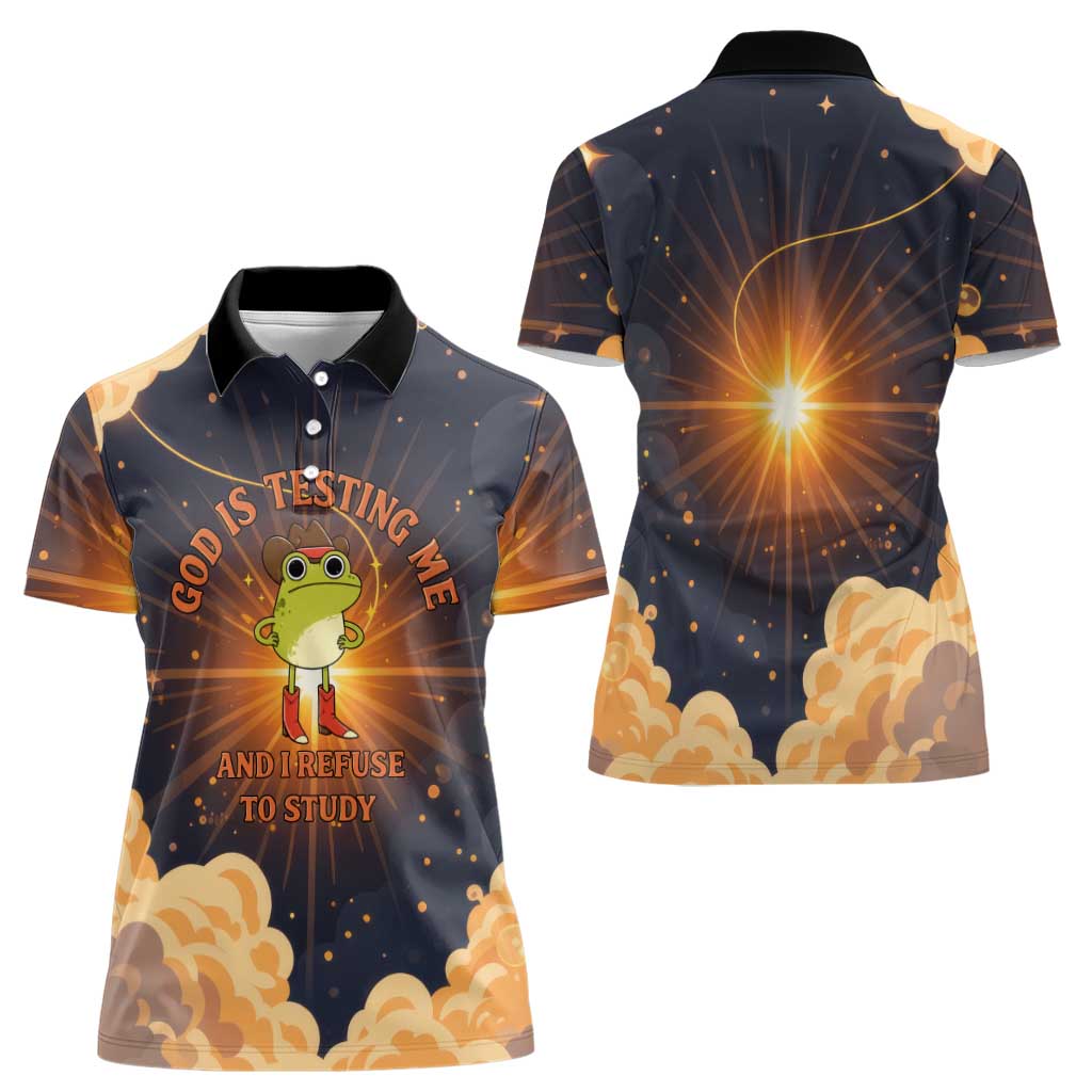 Grumpy Frog Women Polo Shirt with Refuse to Study Quote and Starburst Pattern
