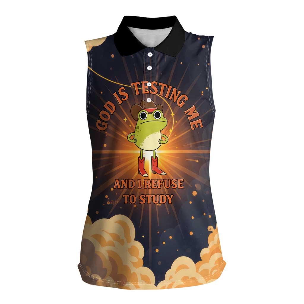 Grumpy Frog Women Sleeveless Polo Shirt with Refuse to Study Quote and Starburst Pattern