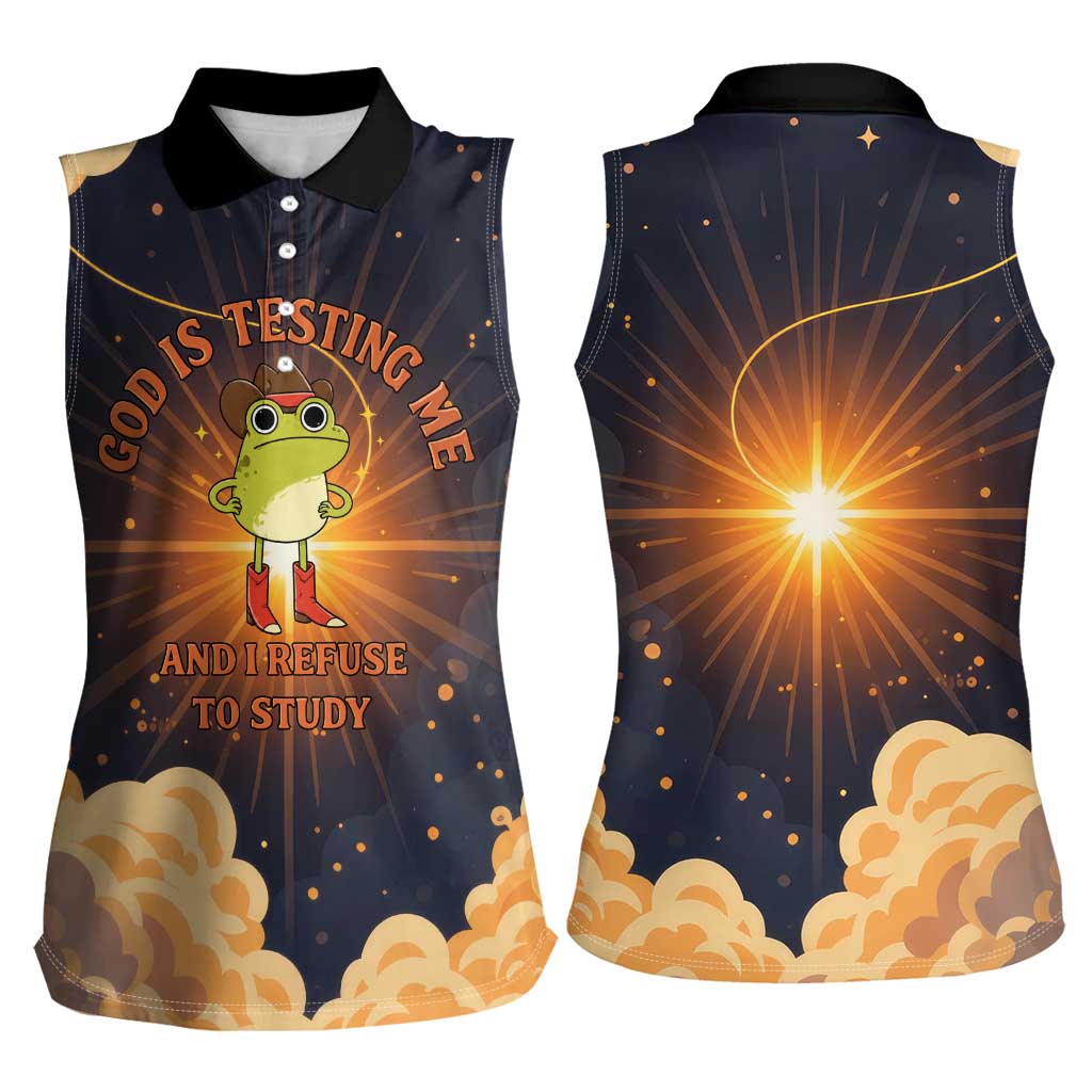 Grumpy Frog Women Sleeveless Polo Shirt with Refuse to Study Quote and Starburst Pattern