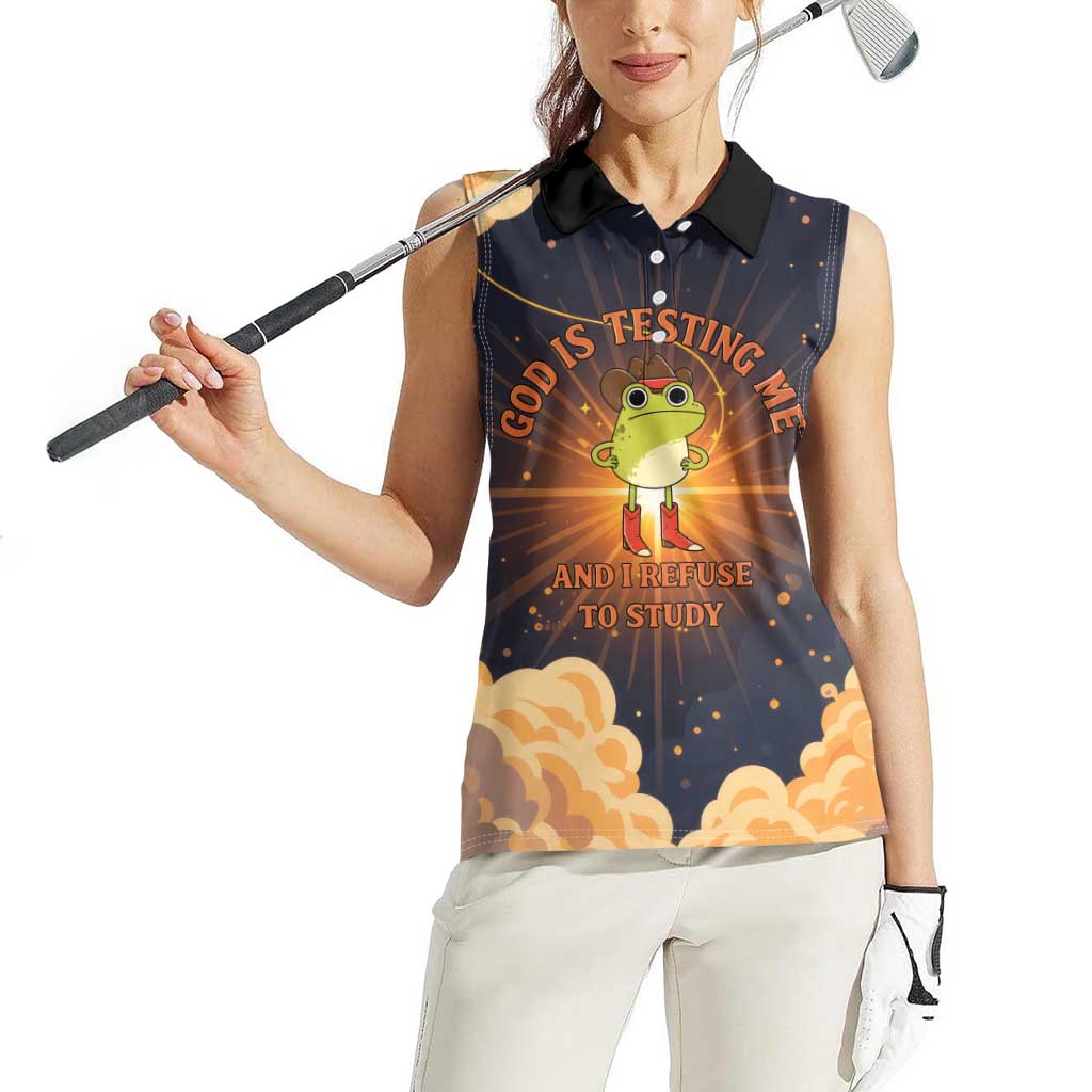 Grumpy Frog Women Sleeveless Polo Shirt with Refuse to Study Quote and Starburst Pattern