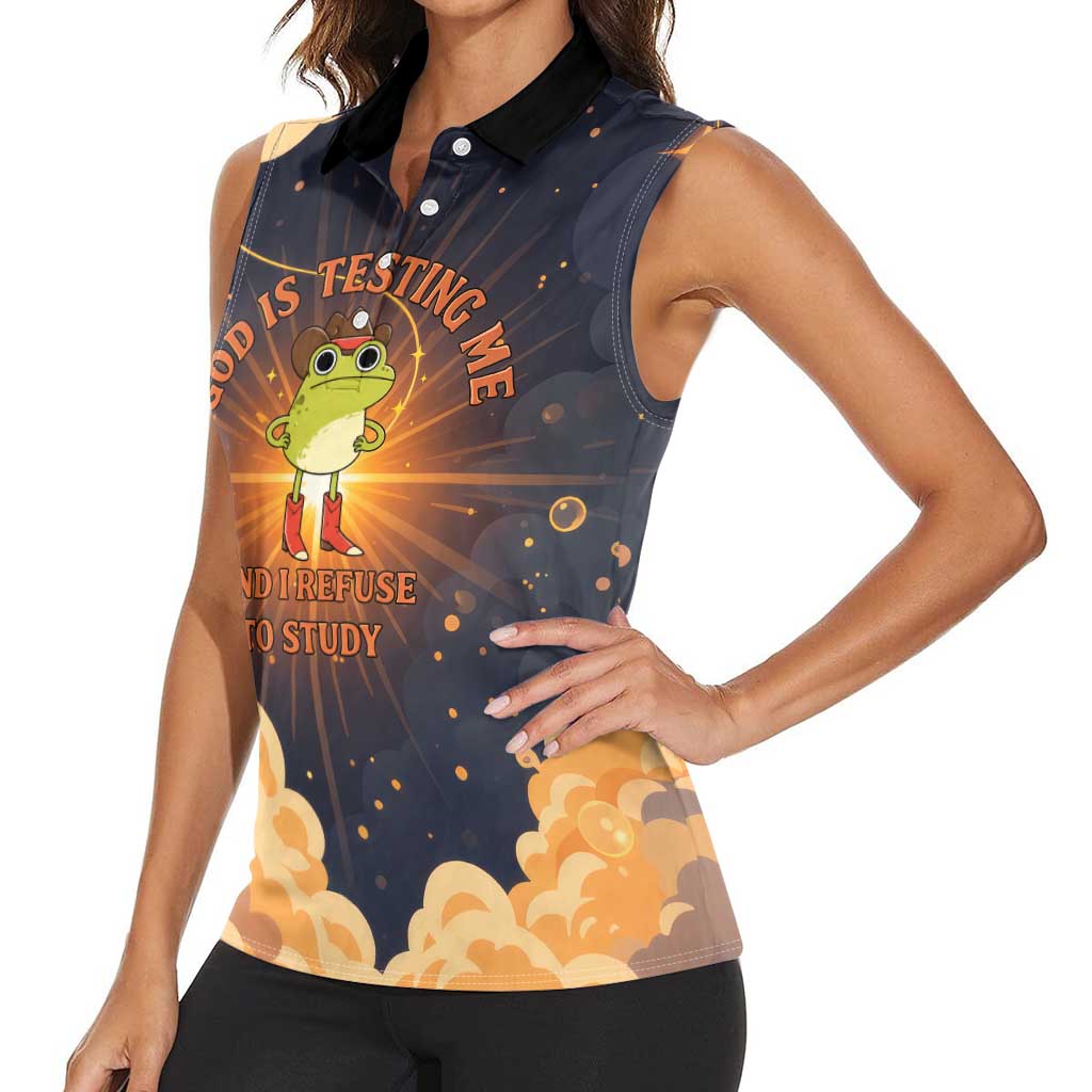 Grumpy Frog Women Sleeveless Polo Shirt with Refuse to Study Quote and Starburst Pattern