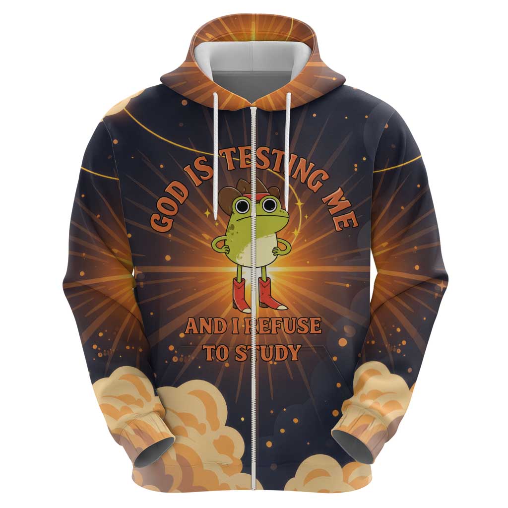 Grumpy Frog Zip Hoodie with Refuse to Study Quote and Starburst Pattern