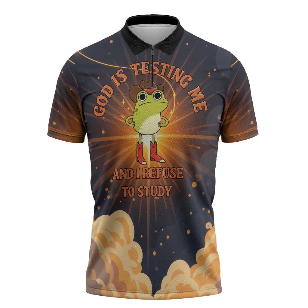 Grumpy Frog Zipper Polo Shirt with Refuse to Study Quote and Starburst Pattern