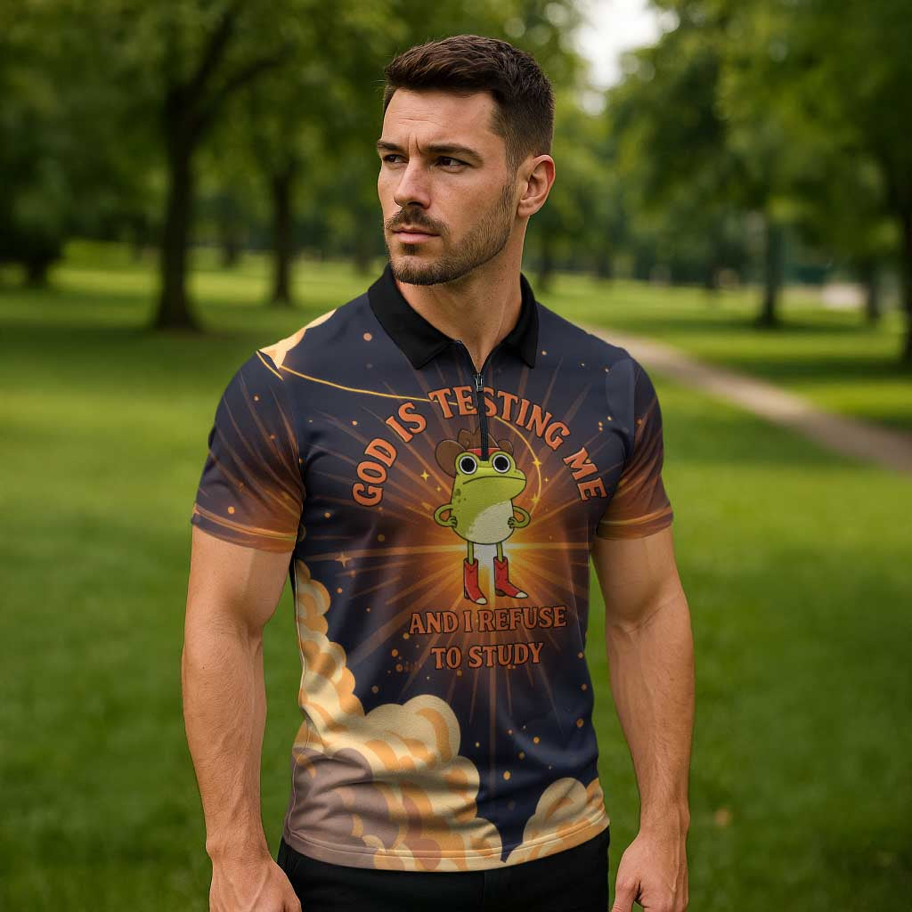 Grumpy Frog Zipper Polo Shirt with Refuse to Study Quote and Starburst Pattern