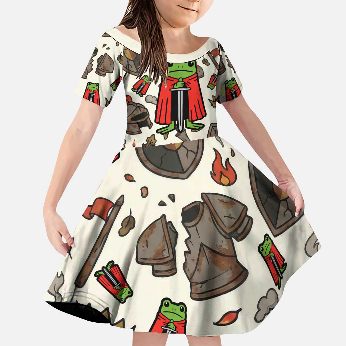 Funny Cartoon Knight Frog Kid Short Sleeve Dress Medieval Mood Meme