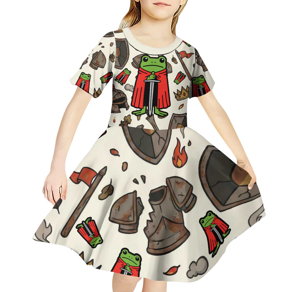 Funny Cartoon Knight Frog Kid Short Sleeve Dress Medieval Mood Meme