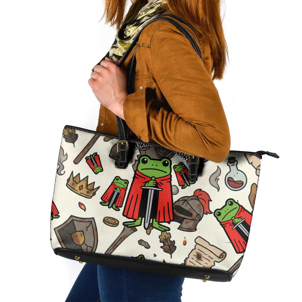 Funny Cartoon Knight Frog Leather Tote Bag Medieval Mood Meme
