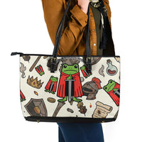 Funny Cartoon Knight Frog Leather Tote Bag Medieval Mood Meme