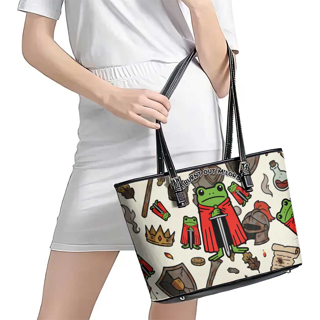 Funny Cartoon Knight Frog Leather Tote Bag Medieval Mood Meme