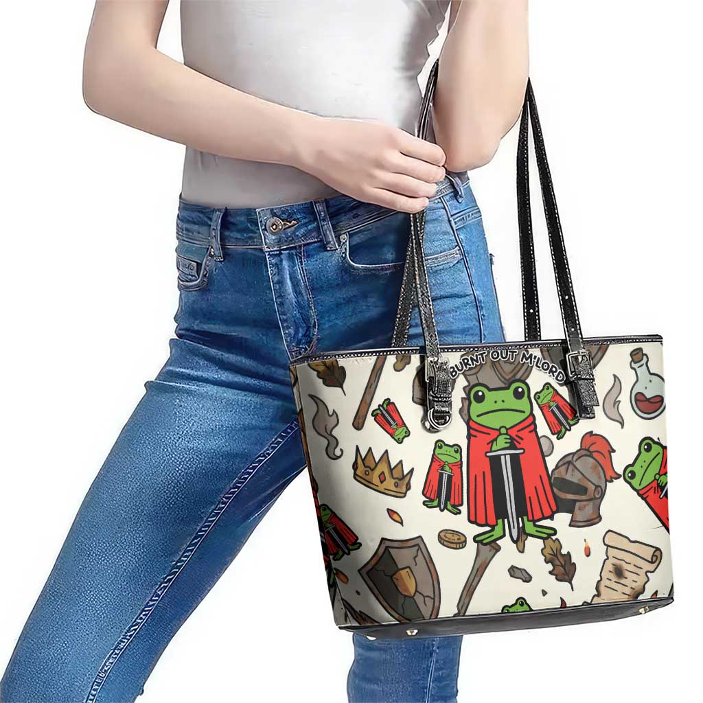 Funny Cartoon Knight Frog Leather Tote Bag Medieval Mood Meme