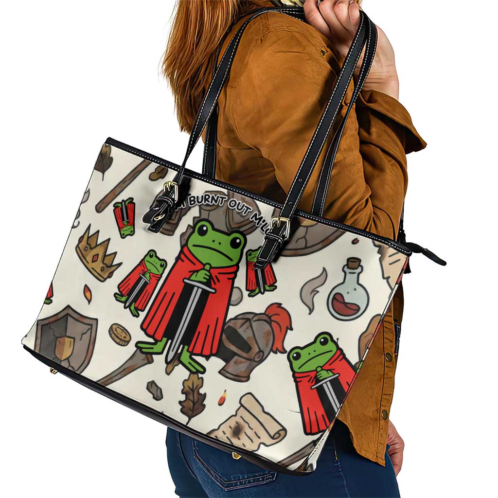 Funny Cartoon Knight Frog Leather Tote Bag Medieval Mood Meme