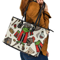 Funny Cartoon Knight Frog Leather Tote Bag Medieval Mood Meme