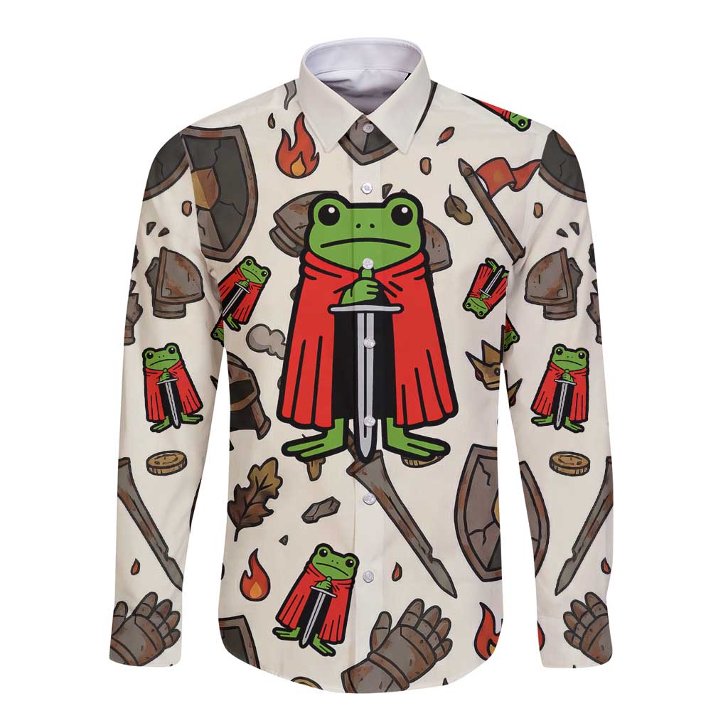 Funny Cartoon Knight Frog Long Sleeve Button Shirt Medieval Mood Meme