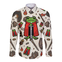 Funny Cartoon Knight Frog Long Sleeve Button Shirt Medieval Mood Meme