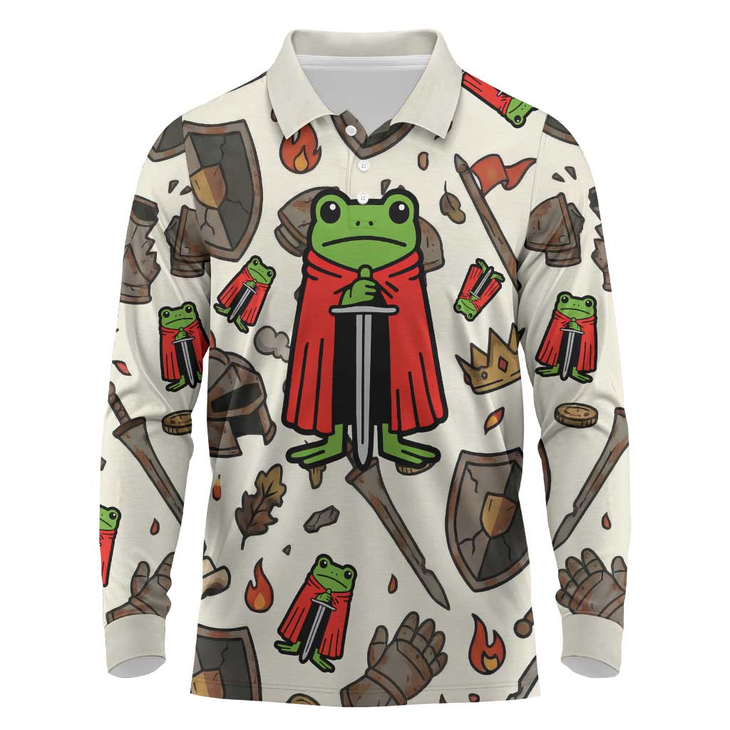 Funny Cartoon Knight Frog Long Sleeve Polo Shirt Medieval Mood Meme
