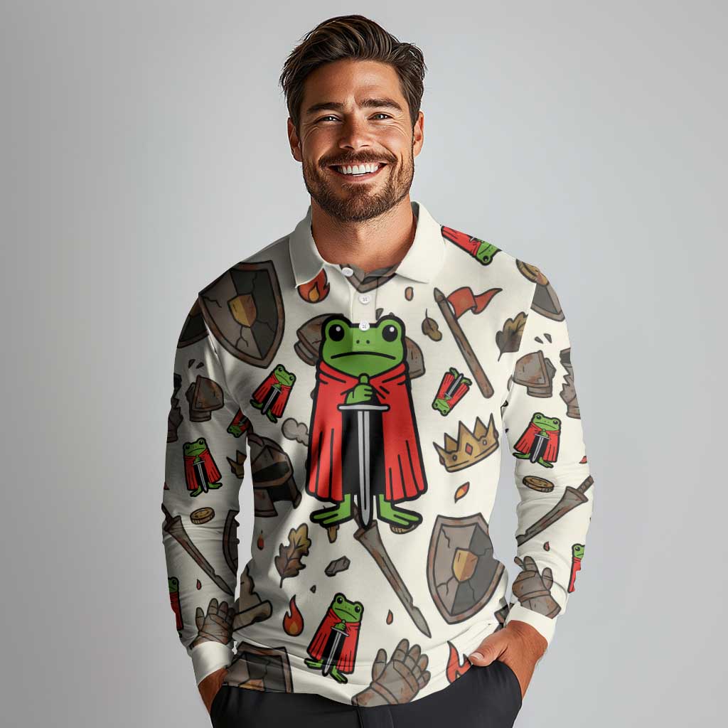 Funny Cartoon Knight Frog Long Sleeve Polo Shirt Medieval Mood Meme