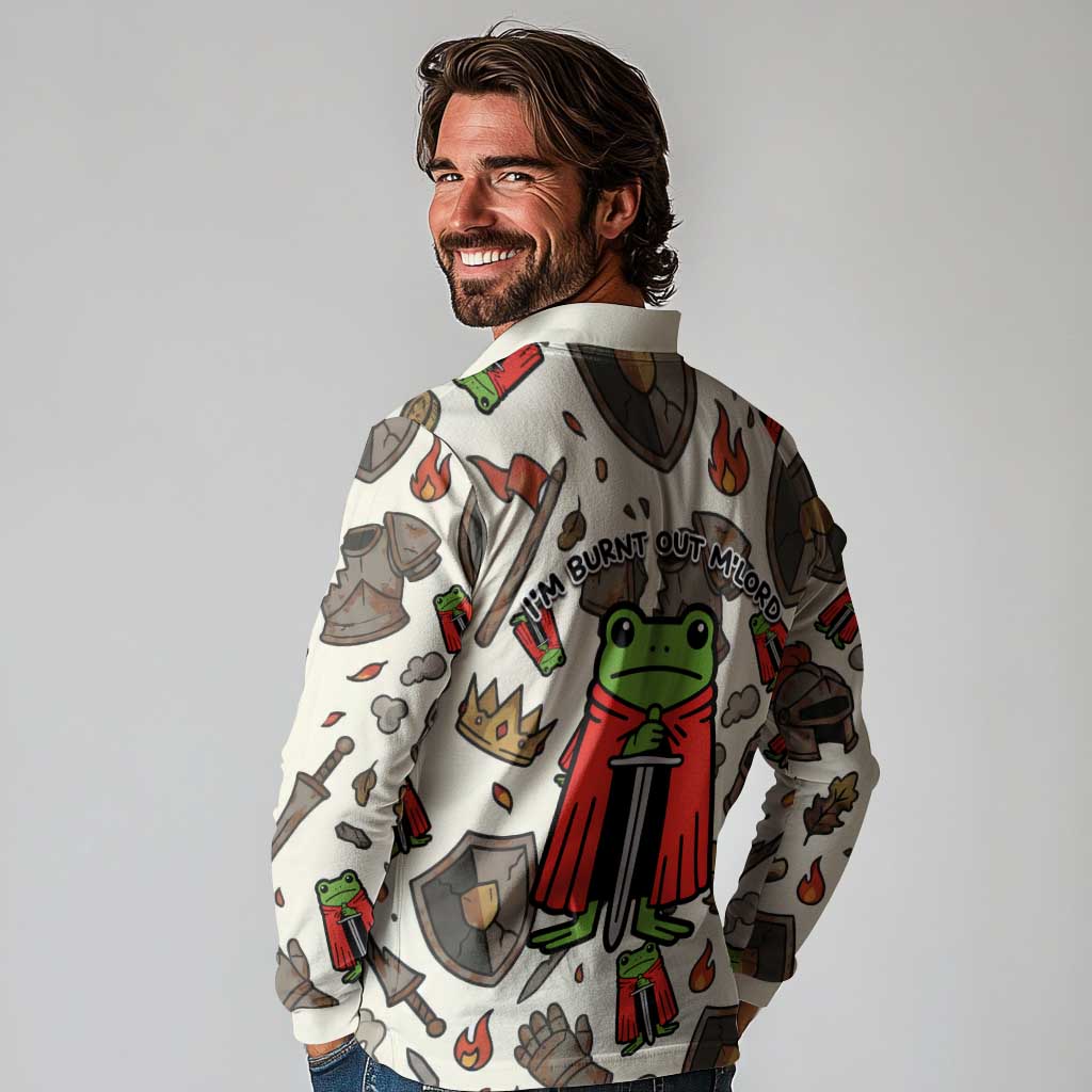 Funny Cartoon Knight Frog Long Sleeve Polo Shirt Medieval Mood Meme
