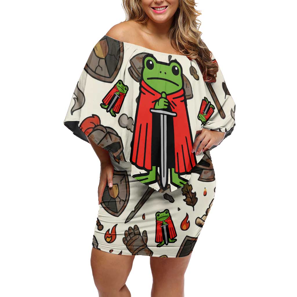 Funny Cartoon Knight Frog Off Shoulder Short Dress Medieval Mood Meme