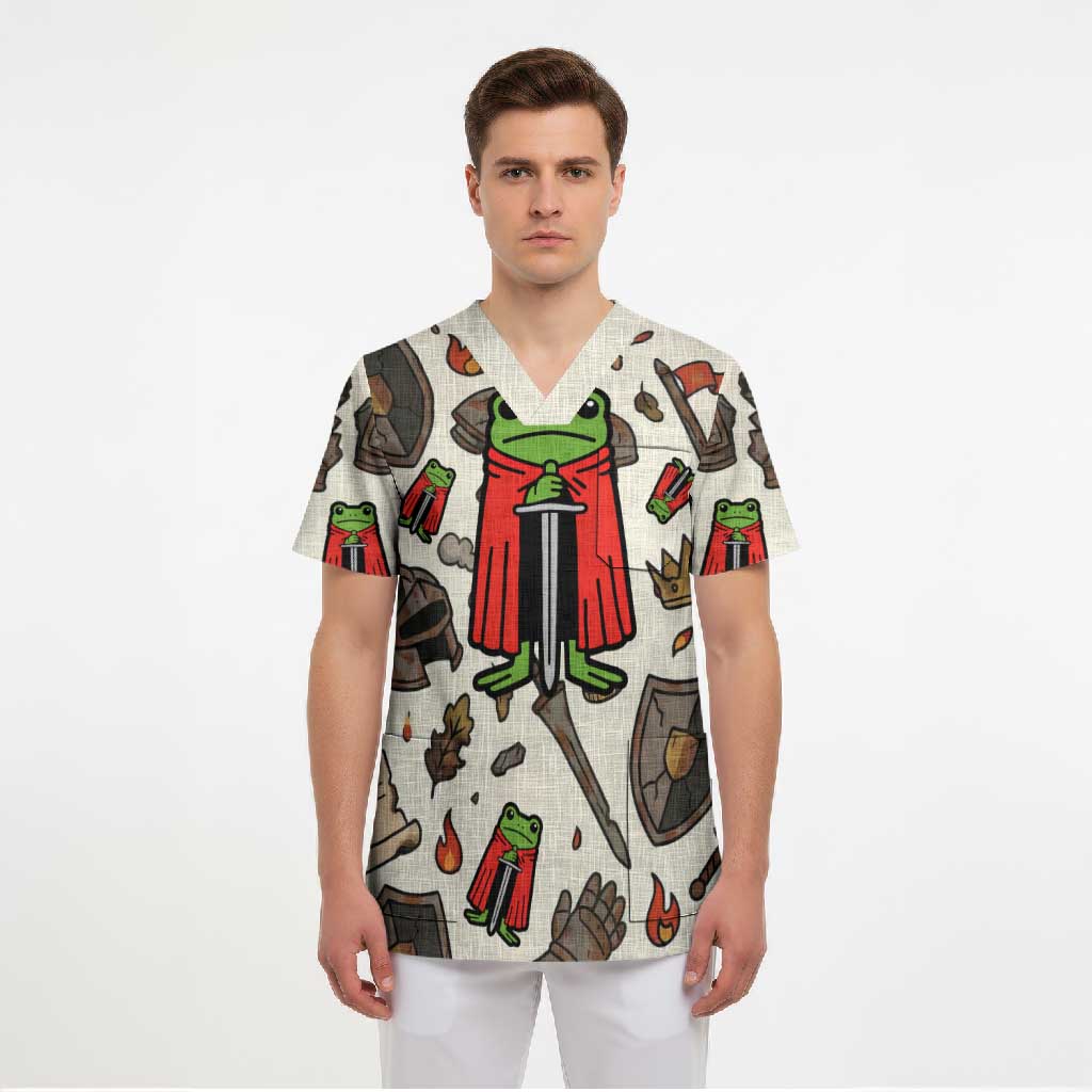 Funny Cartoon Knight Frog Scrub Top Medieval Mood Meme