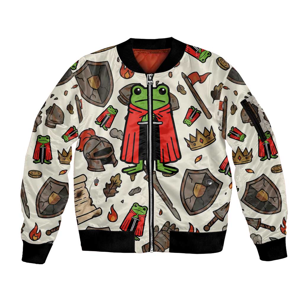Funny Cartoon Knight Frog Sleeve Zip Bomber Jacket Medieval Mood Meme