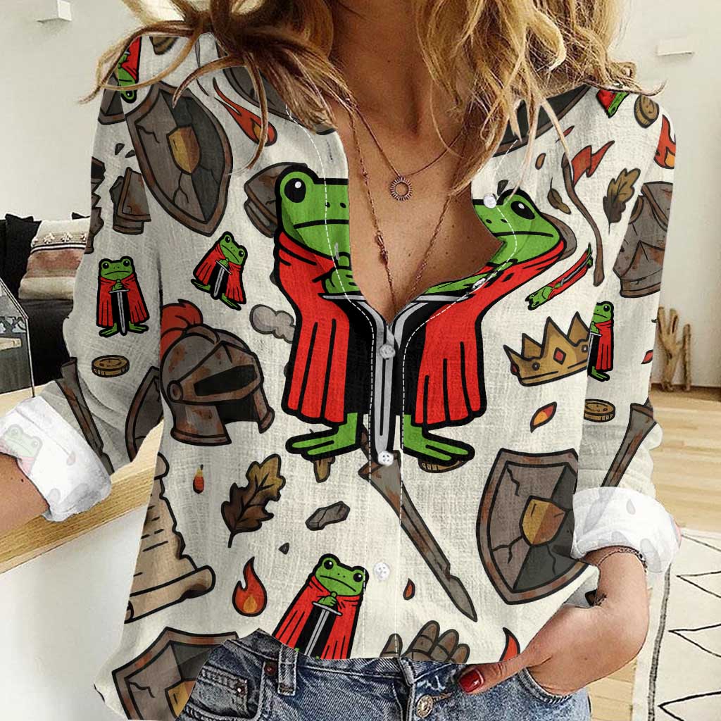 Funny Cartoon Knight Frog Women Casual Shirt Medieval Mood Meme