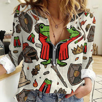 Funny Cartoon Knight Frog Women Casual Shirt Medieval Mood Meme