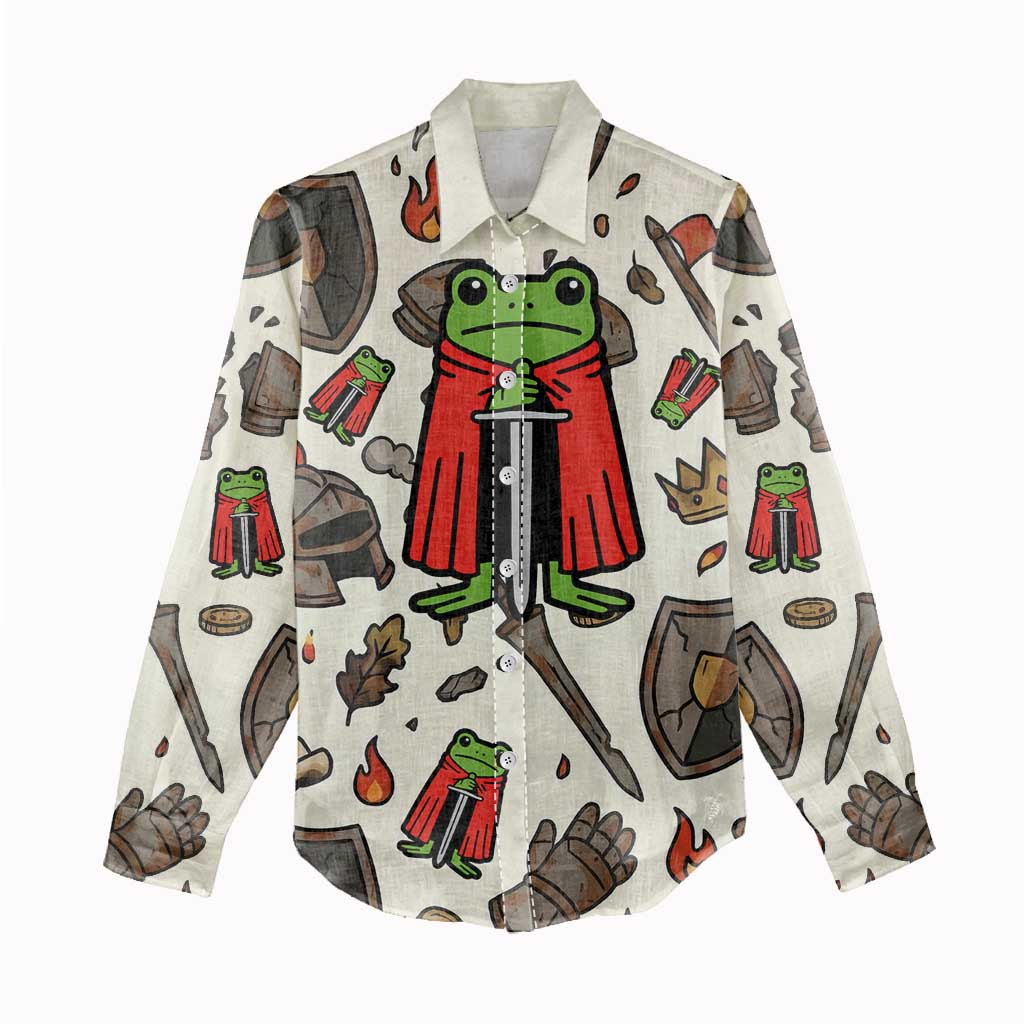 Funny Cartoon Knight Frog Women Casual Shirt Medieval Mood Meme