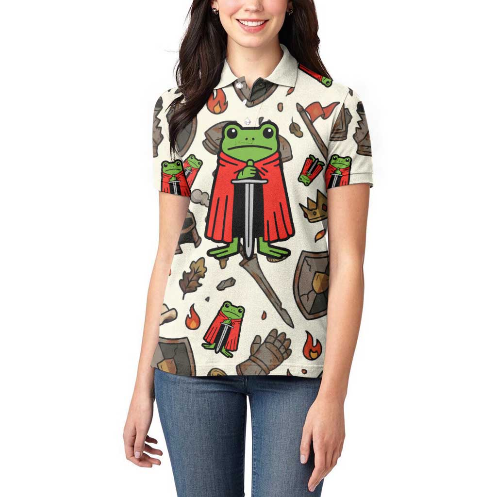Funny Cartoon Knight Frog Women Polo Shirt Medieval Mood Meme