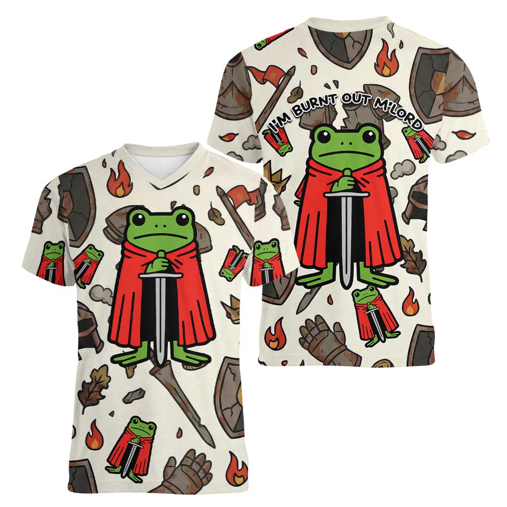 Funny Cartoon Knight Frog Women V-Neck T-Shirt Medieval Mood Meme