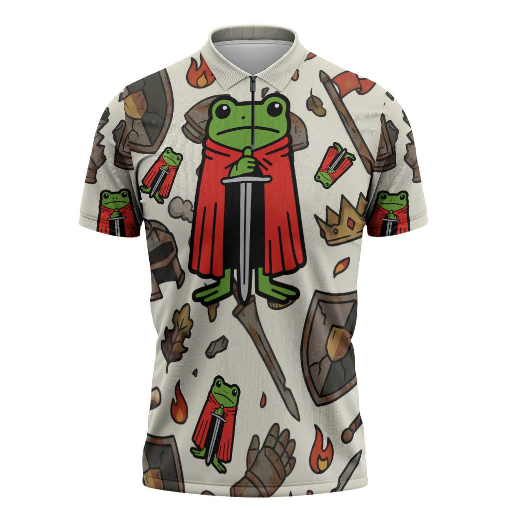 Funny Cartoon Knight Frog Zipper Polo Shirt Medieval Mood Meme