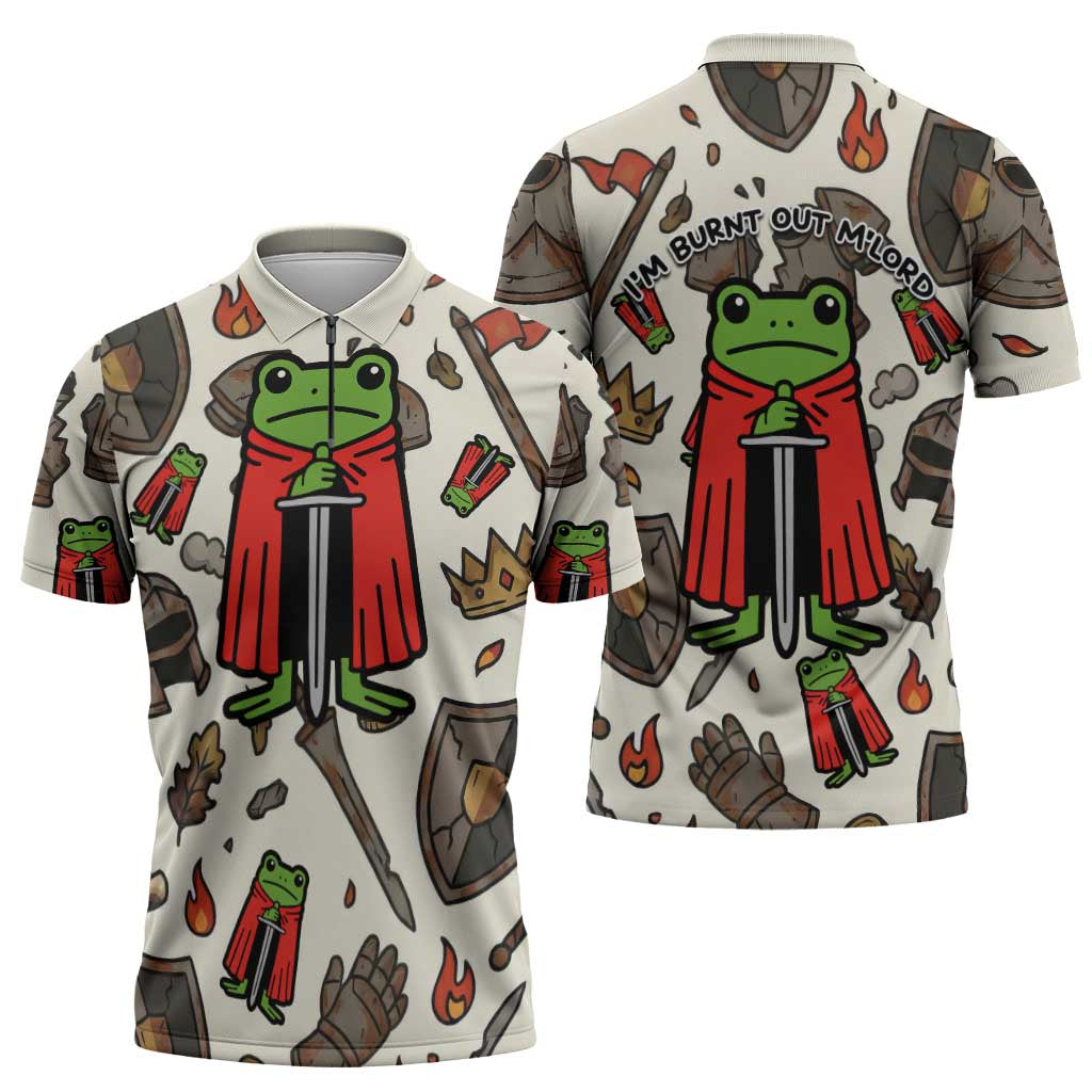 Funny Cartoon Knight Frog Zipper Polo Shirt Medieval Mood Meme