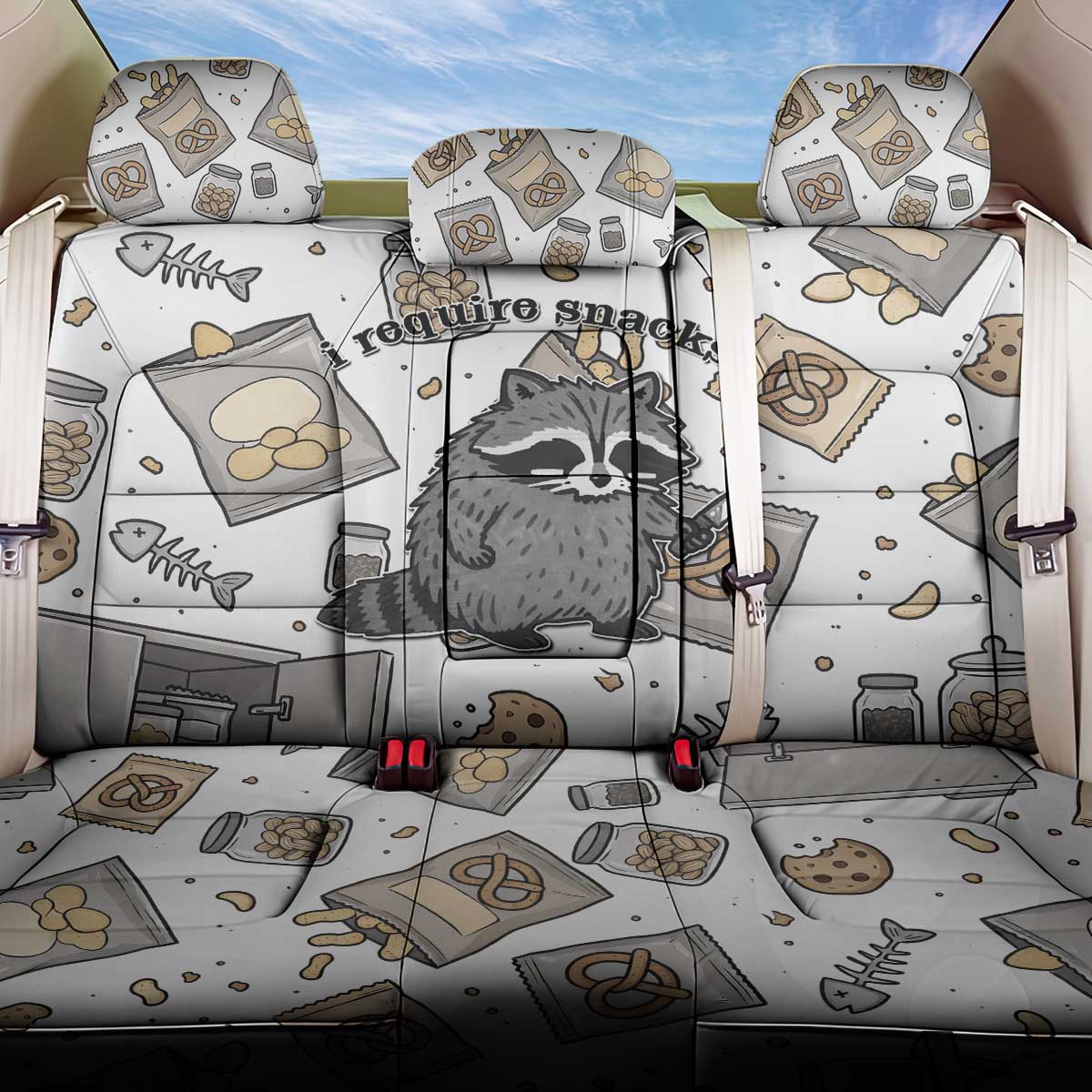 I Require Snacks Raccoon Back Car Seat Cover Cute Bandit Raccoon Chaos with a Knife