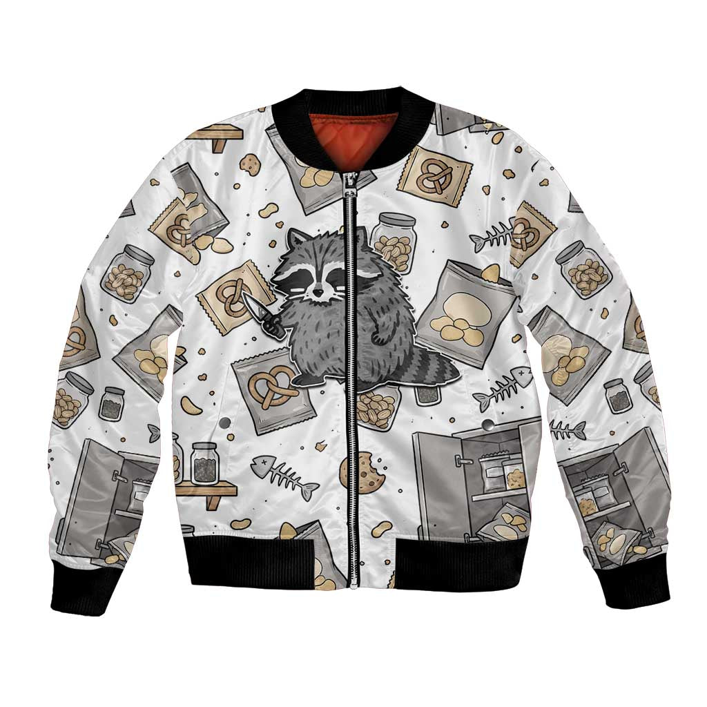 I Require Snacks Raccoon Bomber Jacket Cute Bandit Raccoon Chaos with a Knife