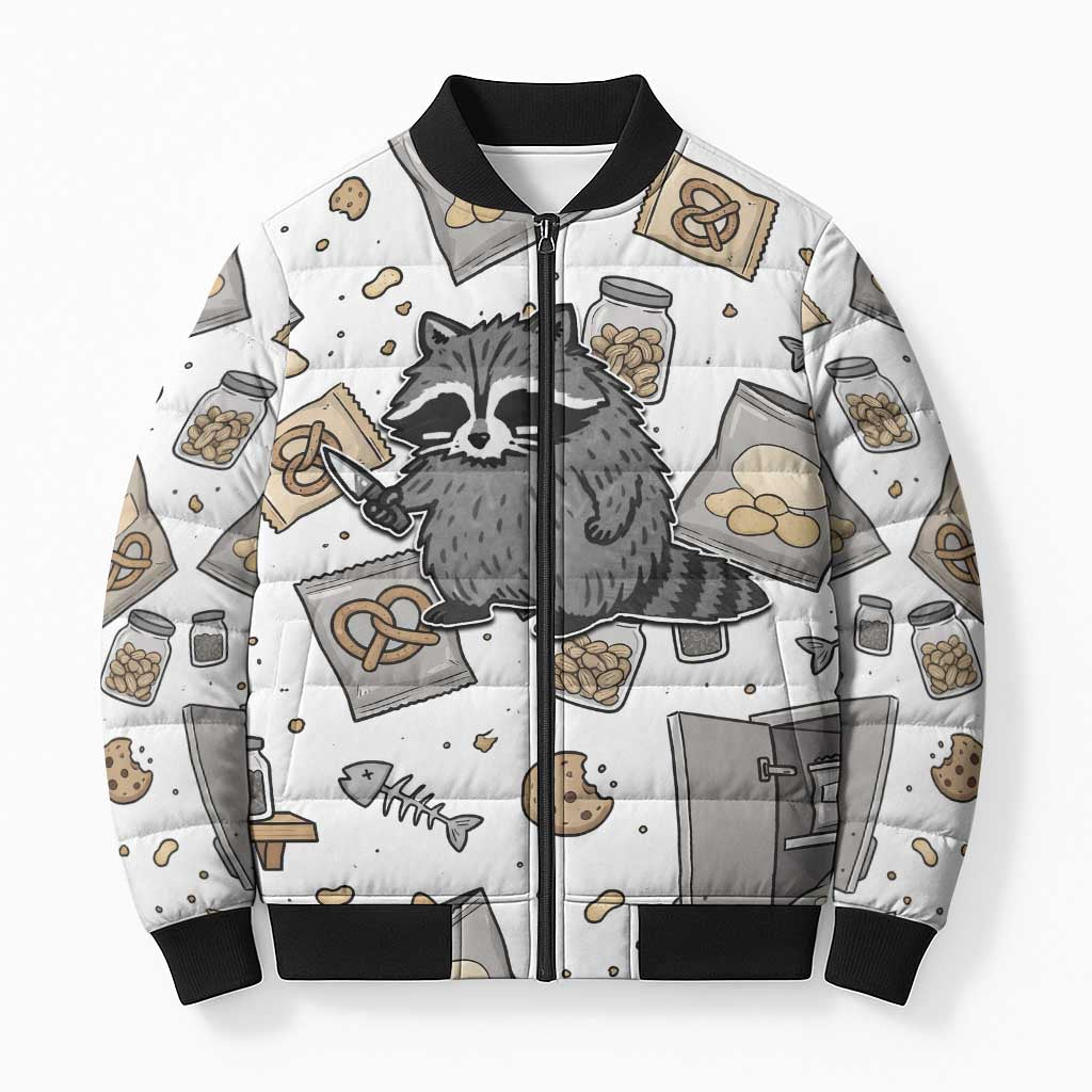 I Require Snacks Raccoon Bomber Puffer Jacket Cute Bandit Raccoon Chaos with a Knife