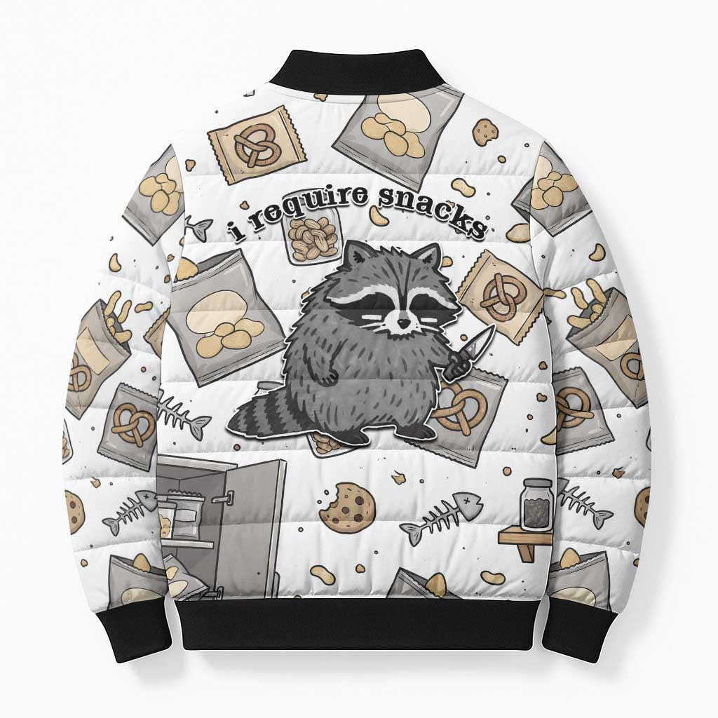 I Require Snacks Raccoon Bomber Puffer Jacket Cute Bandit Raccoon Chaos with a Knife