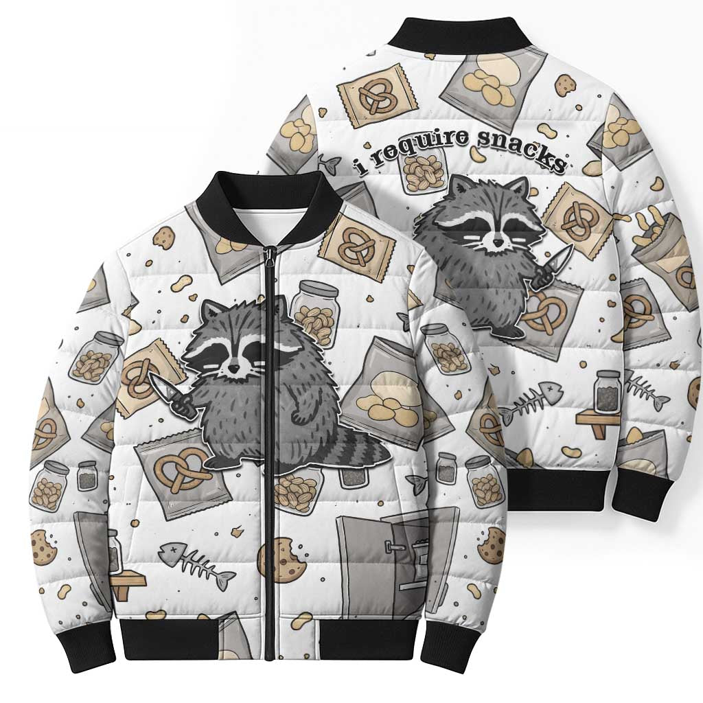 I Require Snacks Raccoon Bomber Puffer Jacket Cute Bandit Raccoon Chaos with a Knife