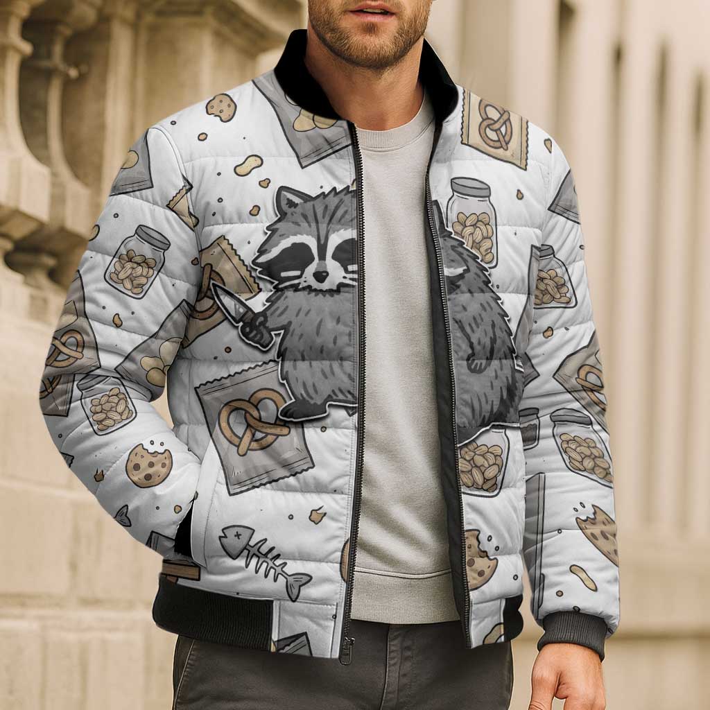 I Require Snacks Raccoon Bomber Puffer Jacket Cute Bandit Raccoon Chaos with a Knife