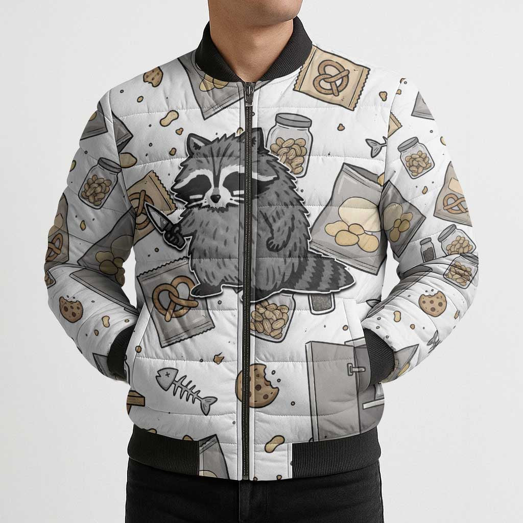 I Require Snacks Raccoon Bomber Puffer Jacket Cute Bandit Raccoon Chaos with a Knife
