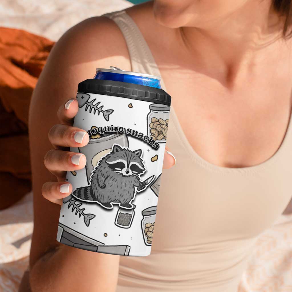I Require Snacks Raccoon 4 in 1 Can Cooler Tumbler Cute Bandit Raccoon Chaos with a Knife
